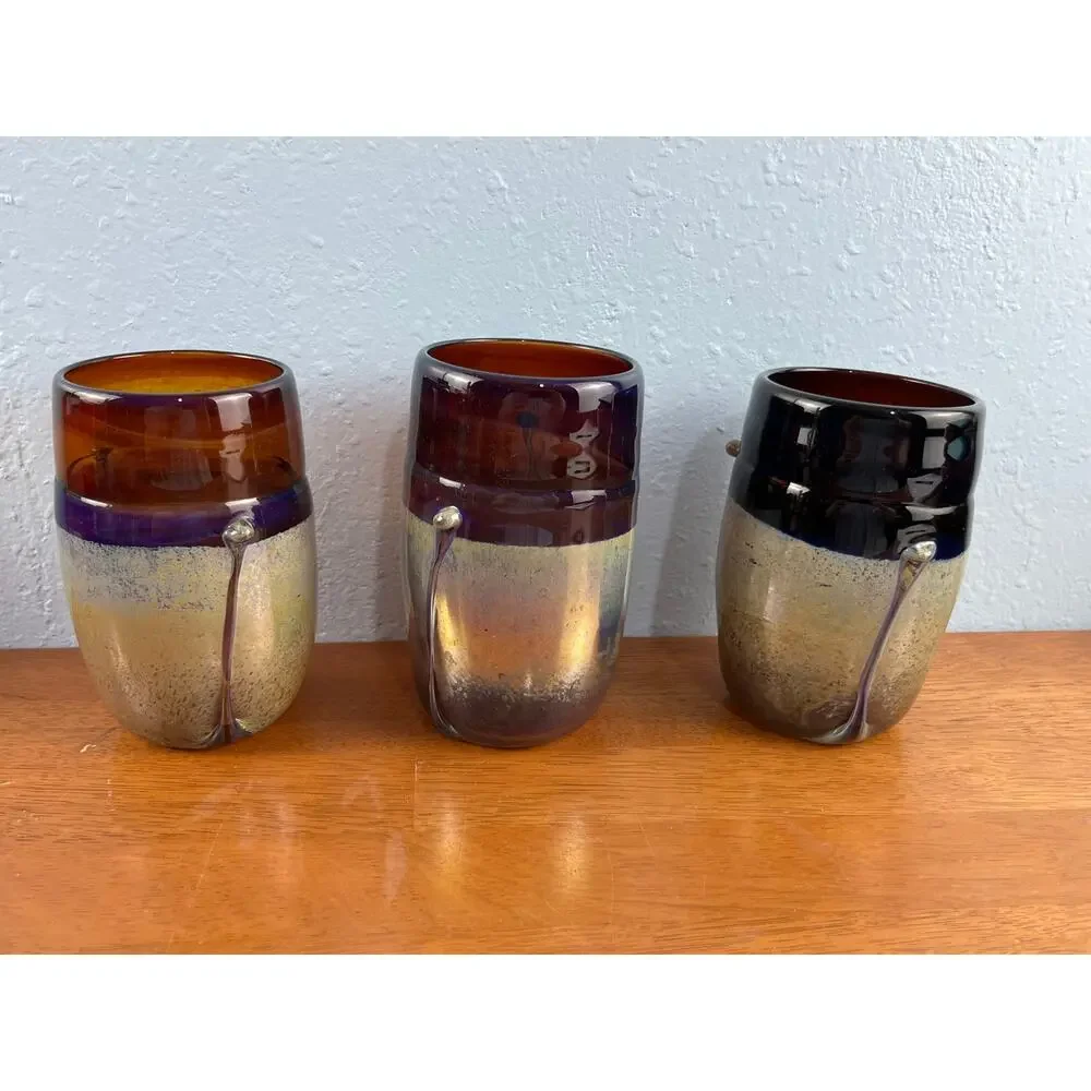 VTG Frederck Warren Art Glass Tumblers Set of 6 Amber Cobalt Iridescent